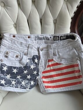 Miss Me White Denim Shorts with Red & Blue Sequin Flag Panels